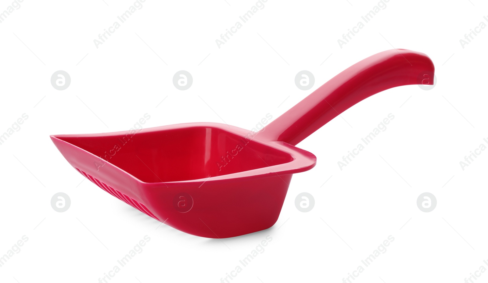 Photo of Red plastic scoop for cat litter isolated on white