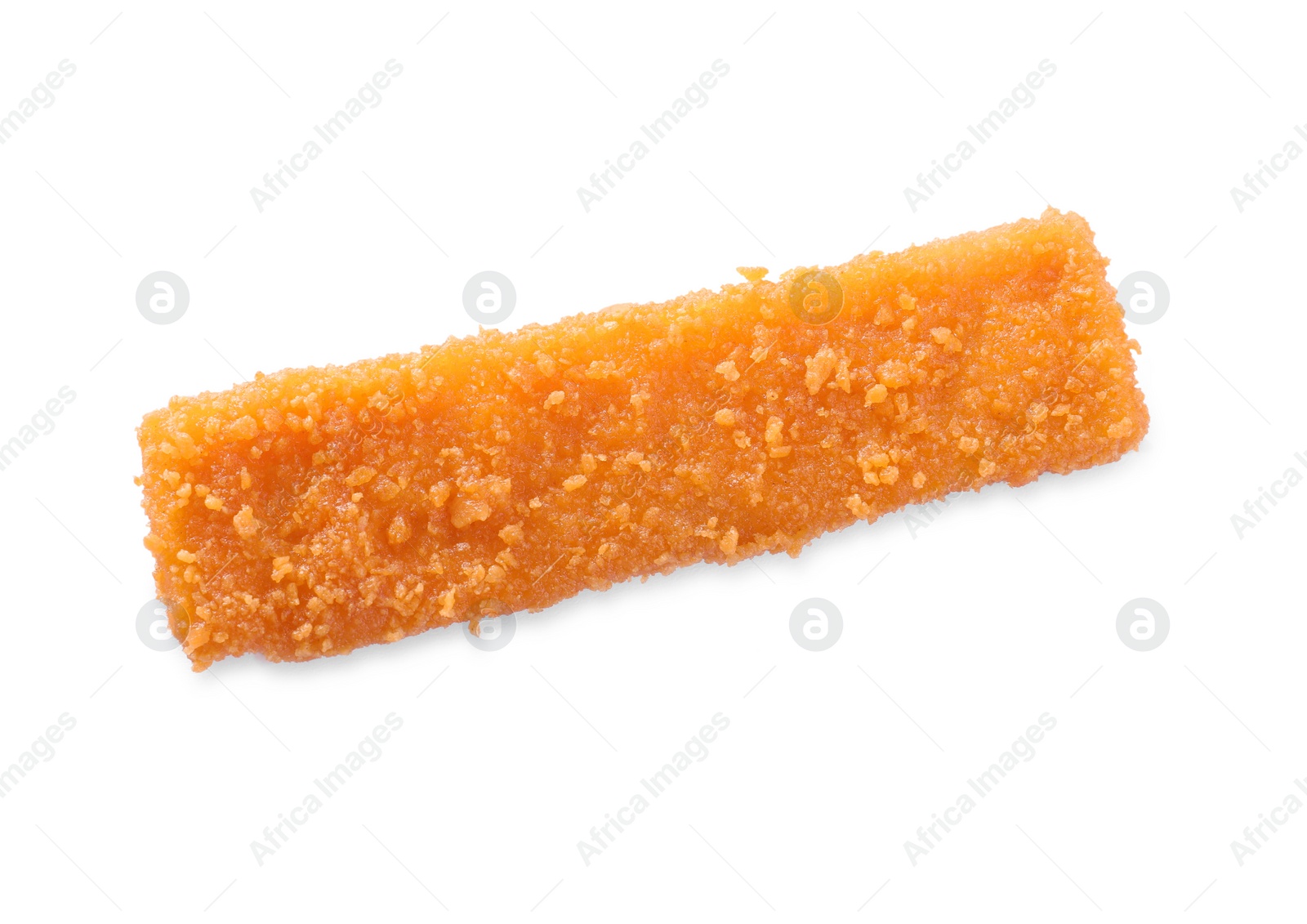 Photo of Fresh breaded fish finger isolated on white, top view