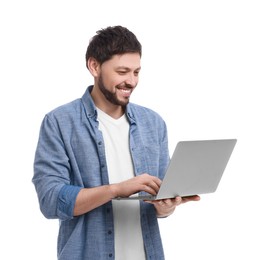 Photo of Happy man with laptop on white background