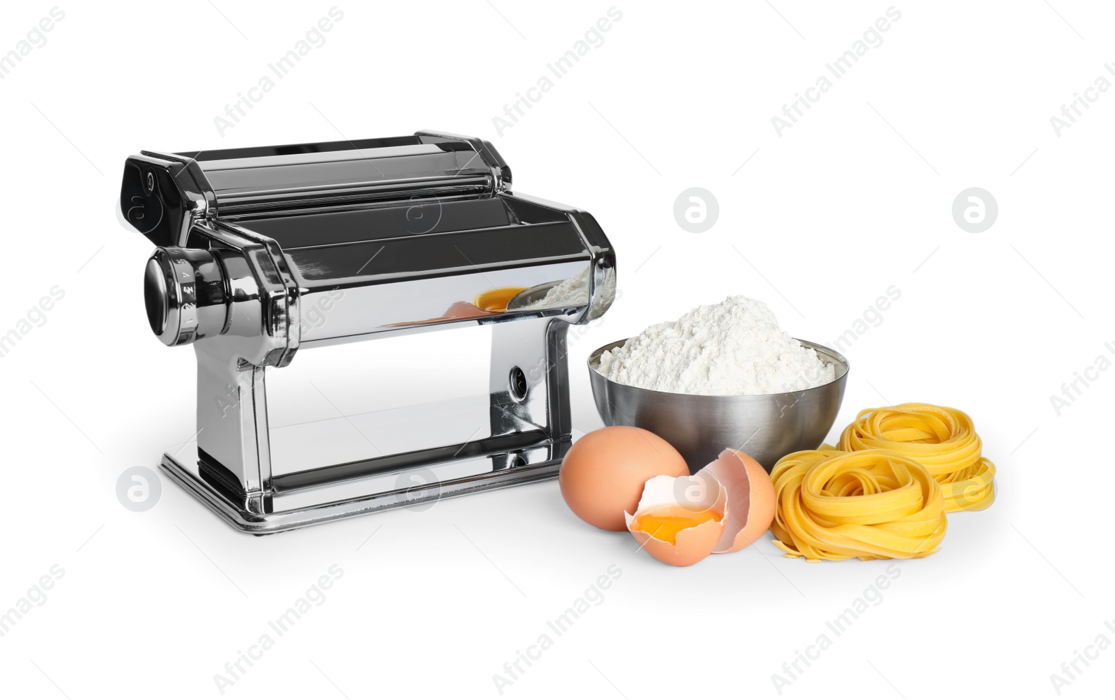 Photo of Modern pasta maker machine and products isolated on white