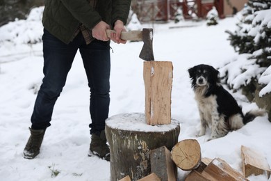 Man chopping wood with axe next to cute dog outdoors on winter day, closeup