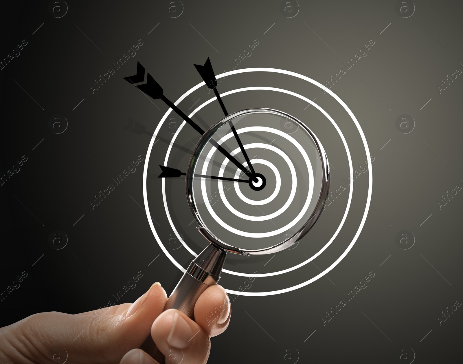 Image of Woman holding magnifying glass on dark background, closeup. Illustration of target and arrow