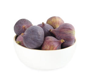 Photo of Whole tasty fresh figs in bowl on white background