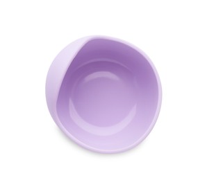 Plastic bowl isolated on white, top view. Serving baby food