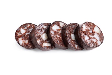 Photo of Slices of tasty blood sausage on white background