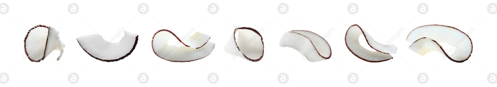 Image of Set with fresh coconut flakes isolated on white. Banner design