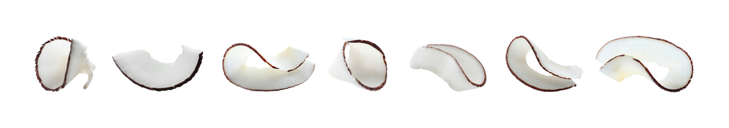 Image of Set with fresh coconut flakes isolated on white. Banner design