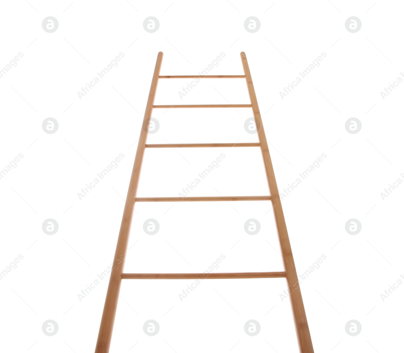 Photo of Modern wooden ladder isolated on white, low angle view