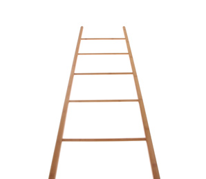 Modern wooden ladder isolated on white, low angle view