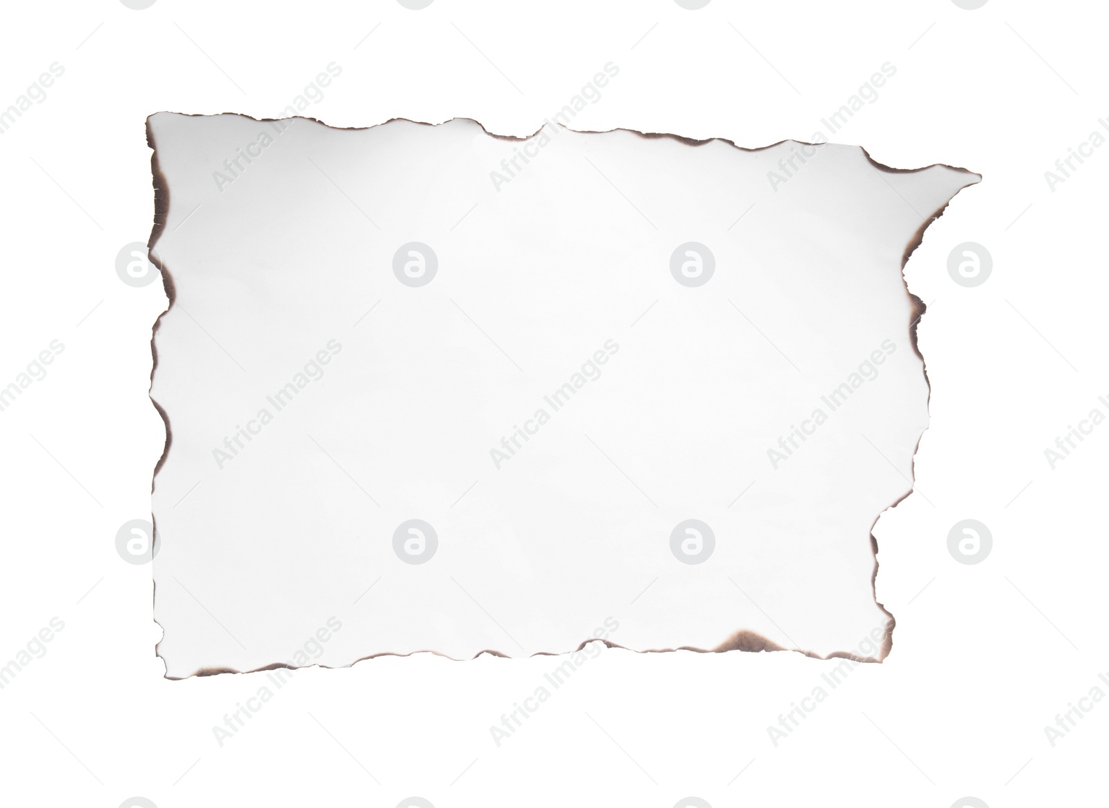 Photo of Piece of paper with dark burnt borders isolated on white. Space for text