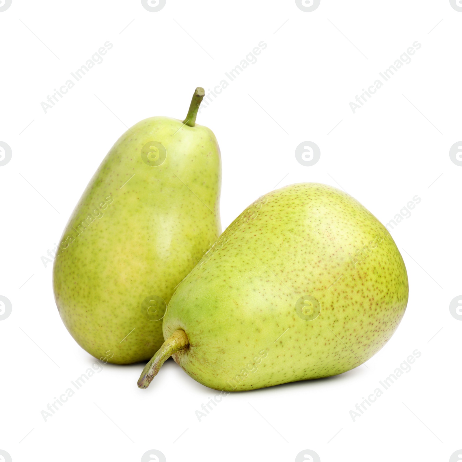 Photo of Two tasty ripe pears on white background