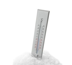 Photo of Weather thermometer in snow against white background