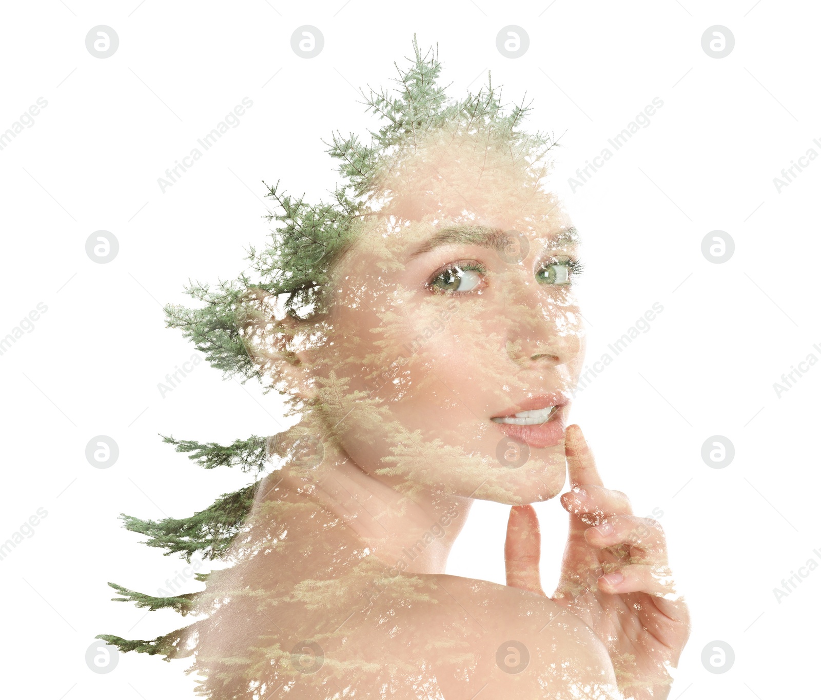 Image of Double exposure of beautiful woman and trees on white background