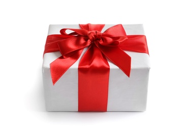 Photo of Beautifully wrapped gift box on white background