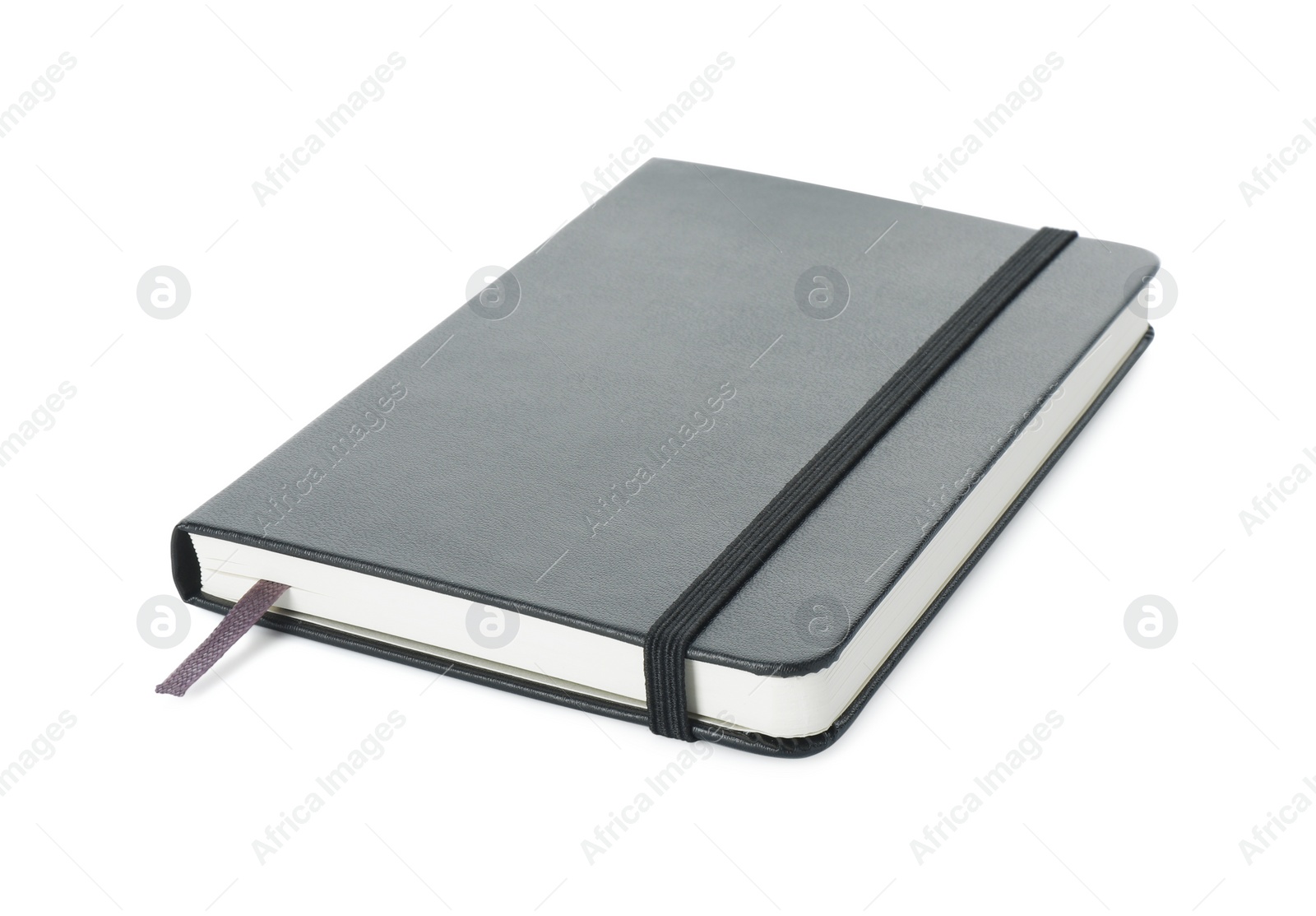 Photo of Closed notebook with blank black cover isolated on white