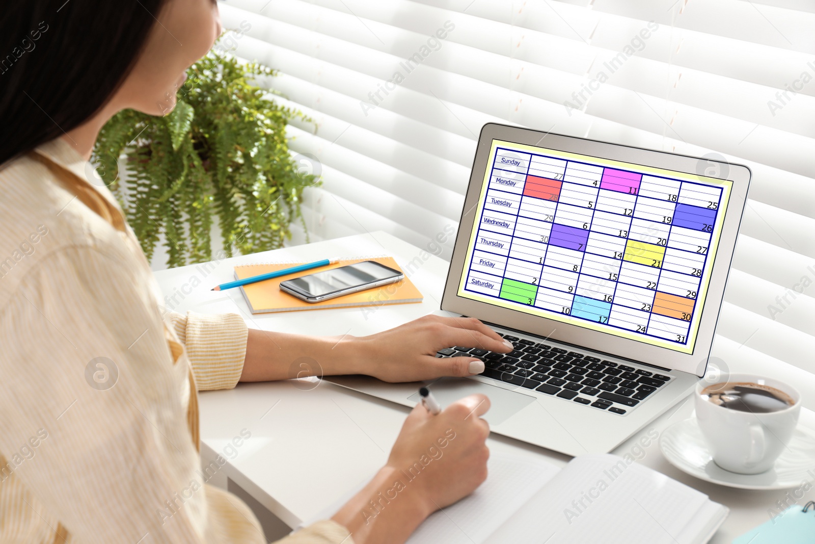 Photo of Young woman using calendar app on laptop in office, closeup