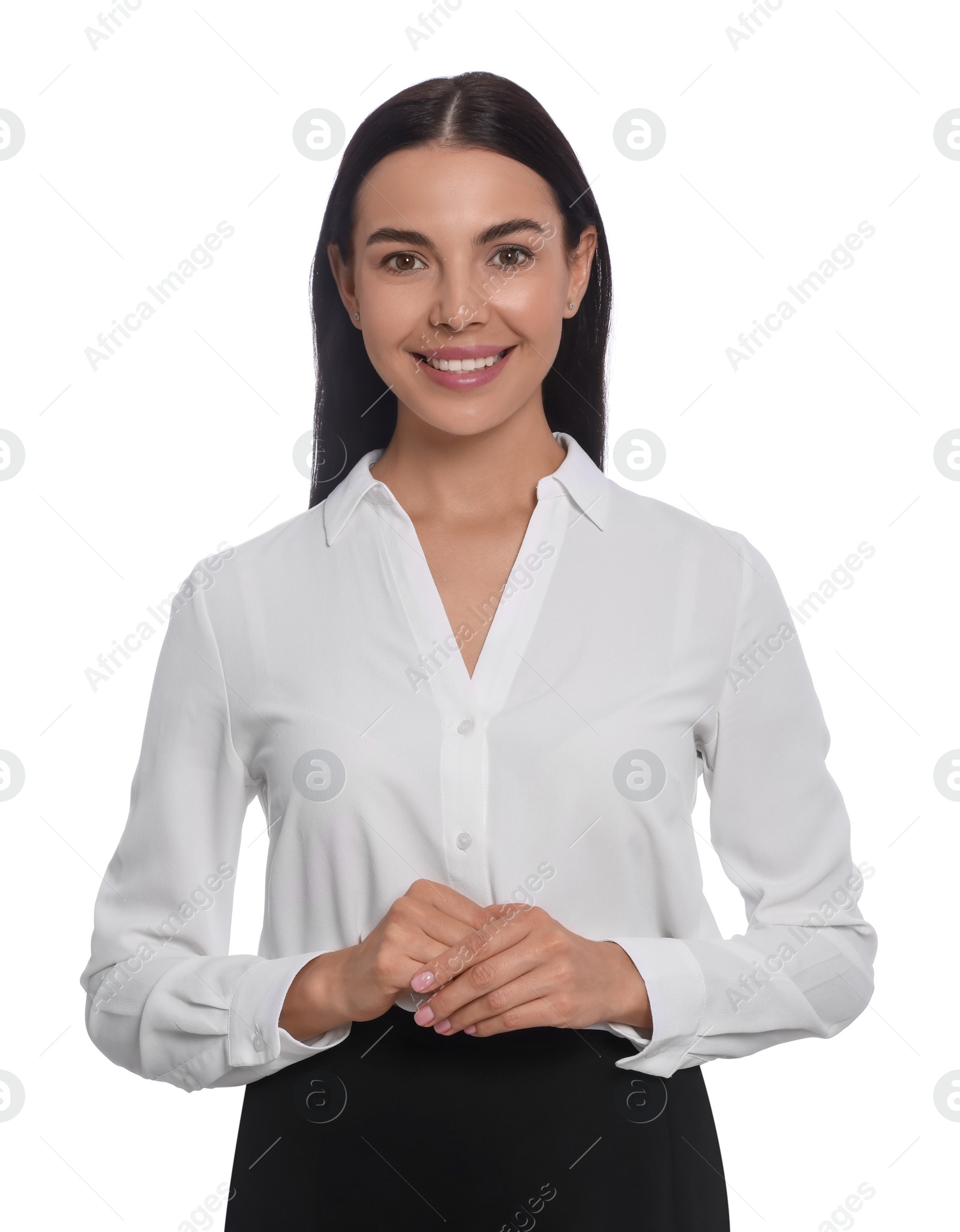 Photo of Portrait of hostess in uniform on white background