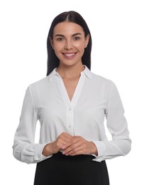 Portrait of hostess in uniform on white background