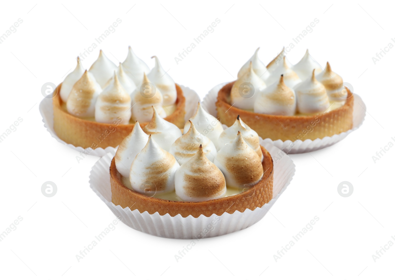 Photo of Tartlets with lemon curd and meringue isolated on white. Delicious dessert