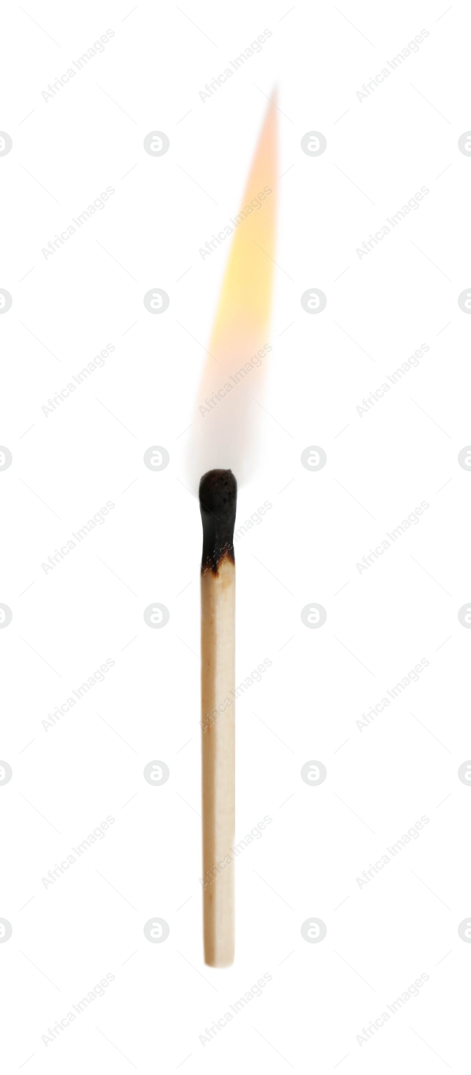 Photo of Burning match with flame on white background