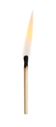 Burning match with flame on white background