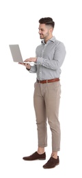 Photo of Happy man with laptop on white background