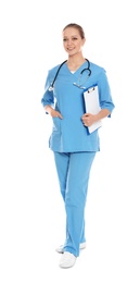 Full length portrait of medical doctor with clipboard and stethoscope isolated on white