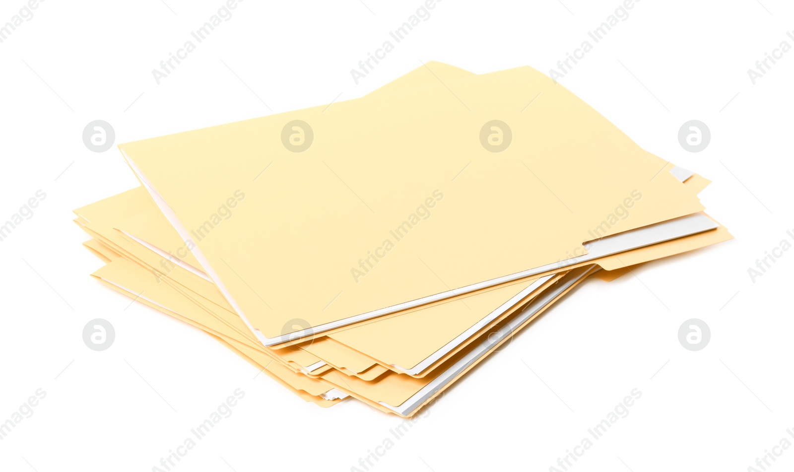 Photo of Stack of yellow files with documents on white background
