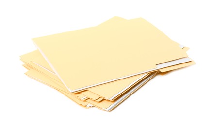 Photo of Stack of yellow files with documents on white background