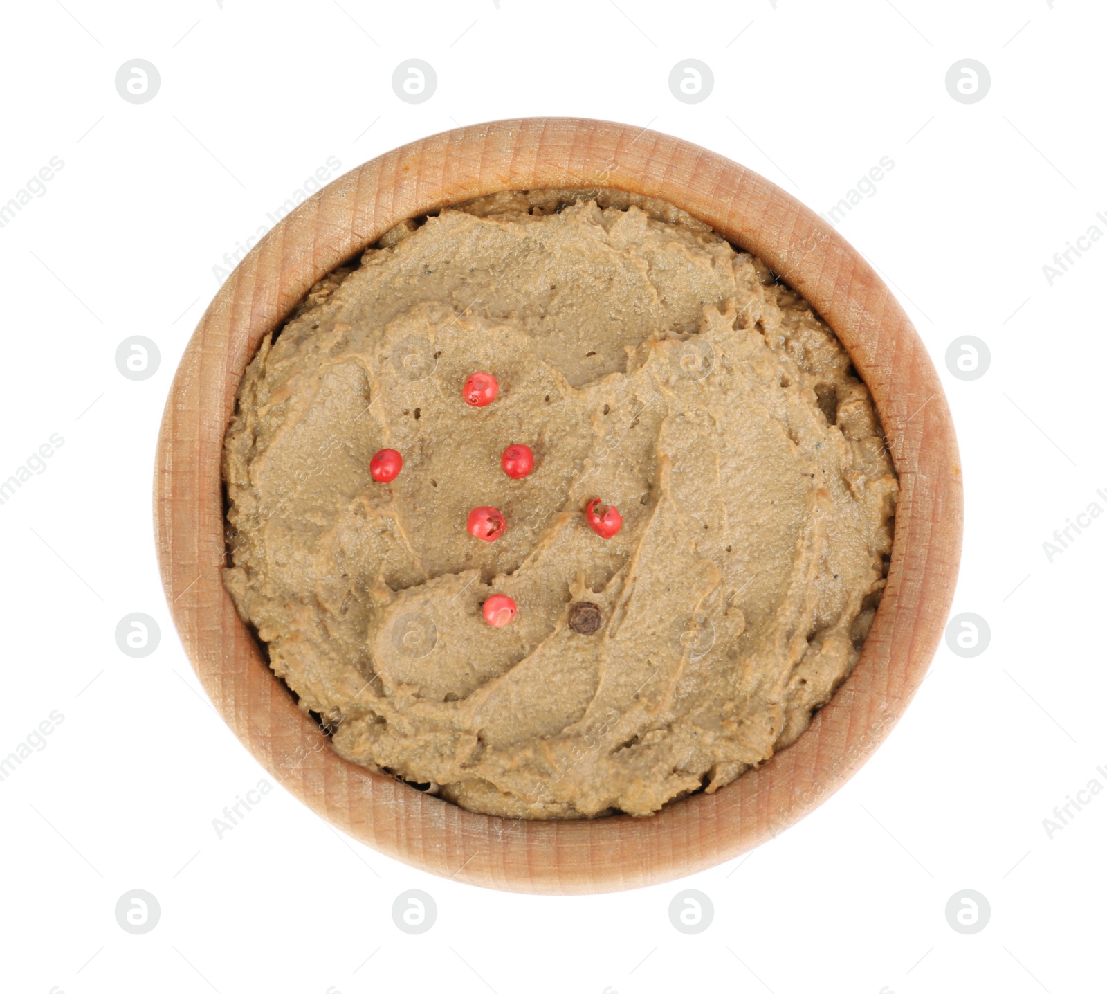 Photo of Tasty liver pate with pepper in wooden bowl isolated on white, top view