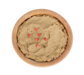 Tasty liver pate with pepper in wooden bowl isolated on white, top view