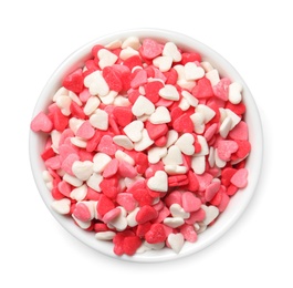 Photo of Sweet candy hearts in bowl on white background, top view