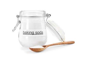 Photo of Baking soda in jar and spoon isolated on white