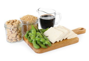 Photo of Different organic soy products on white background