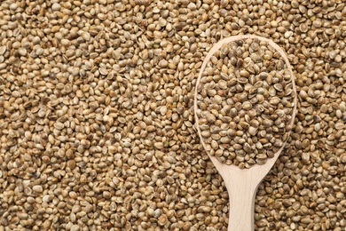 Photo of Organic hemp seeds and spoon, top view. Space for text