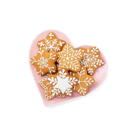 Photo of Tasty star shaped Christmas cookies with icing isolated on white, top view