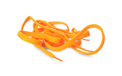 Photo of Orange shoe lace isolated on white. Stylish accessory