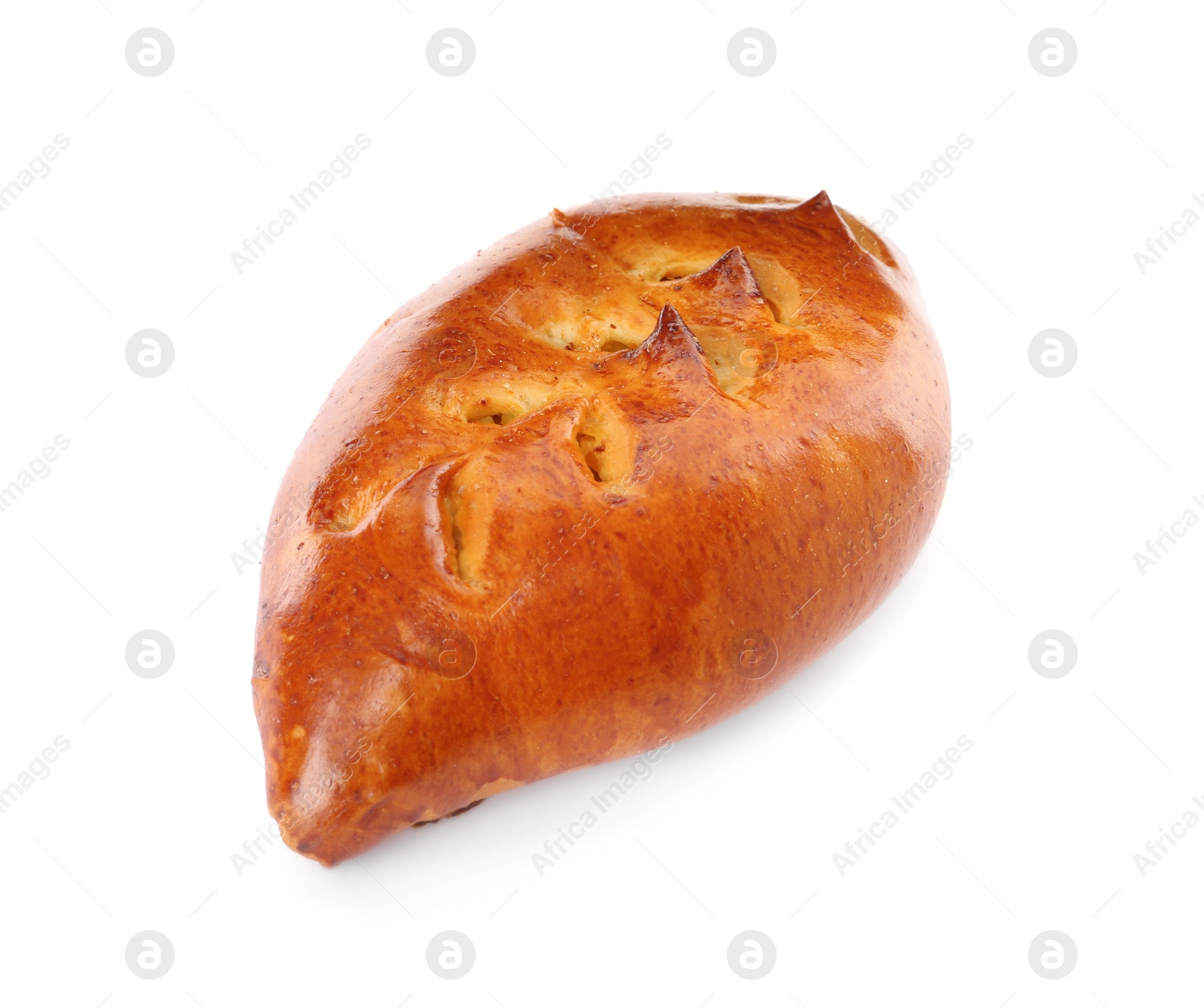 Photo of One delicious baked patty on white background