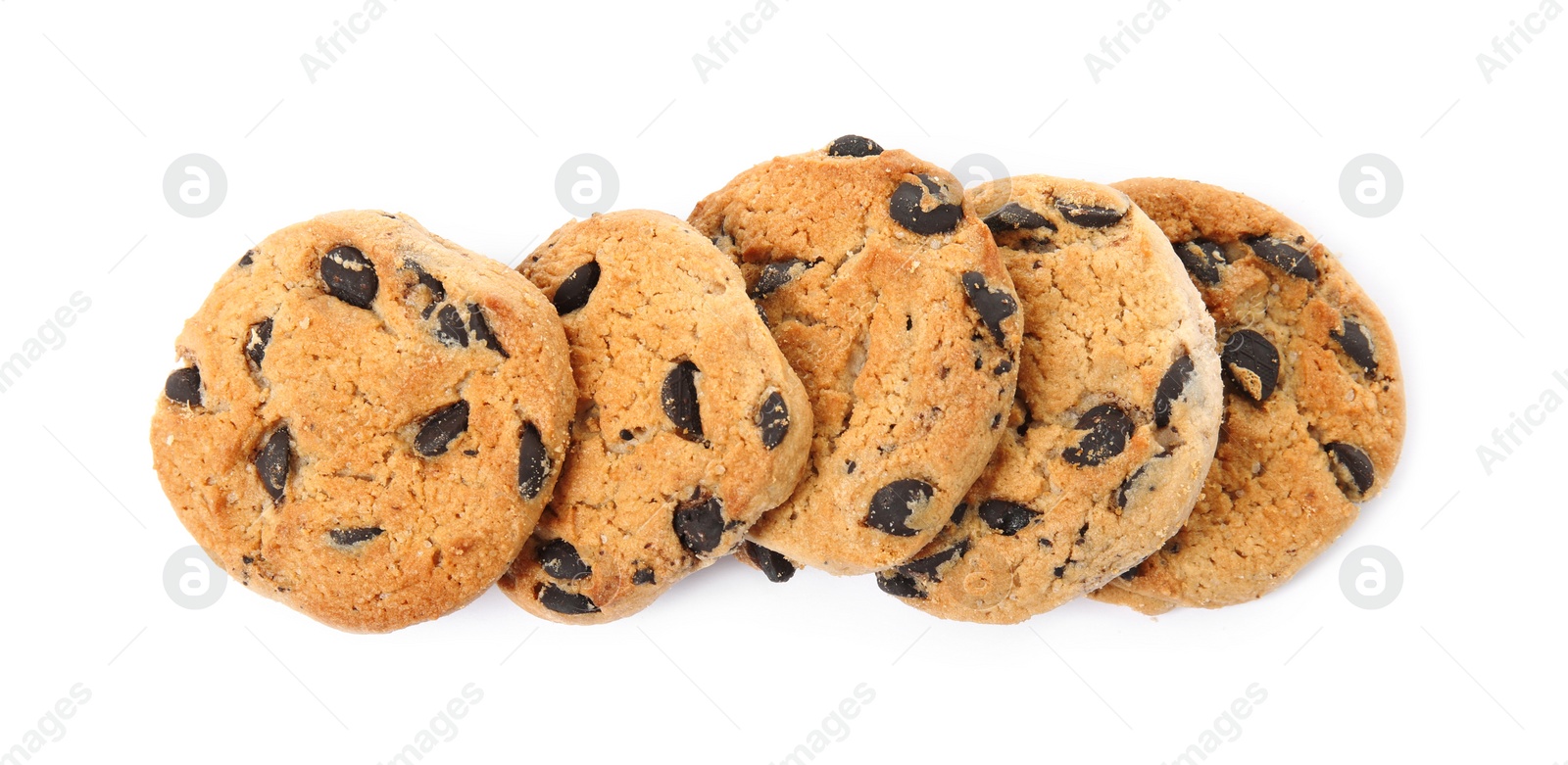 Photo of Delicious chocolate chip cookies on white background, top view