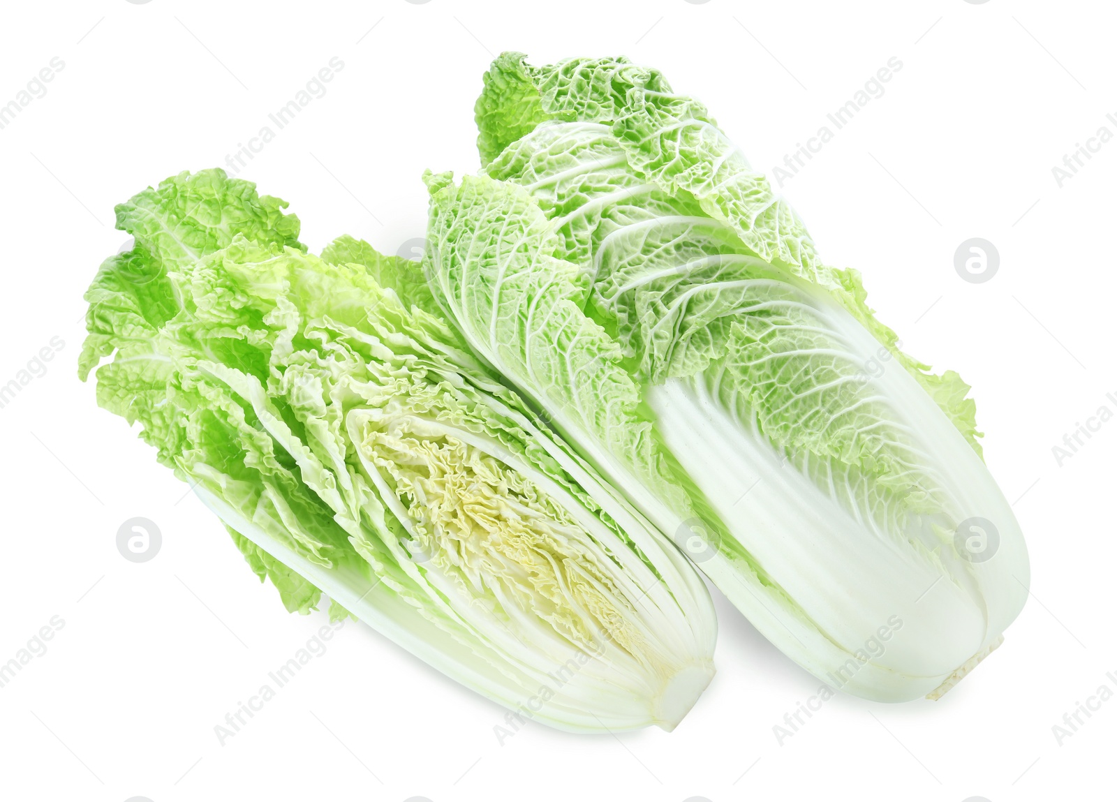 Photo of Fresh ripe Chinese cabbages isolated on white, top view