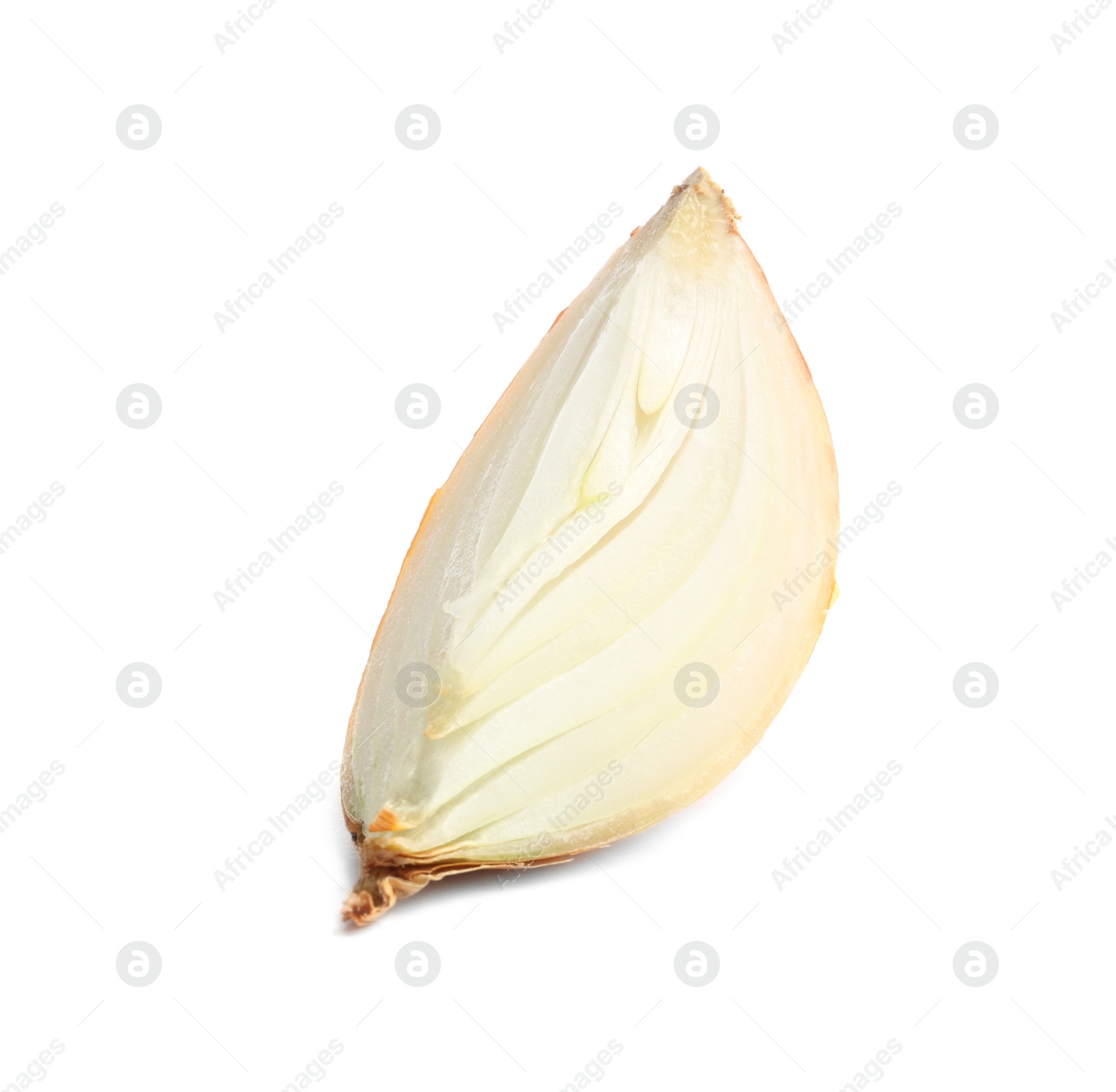 Photo of Slice of fresh ripe onion on white background