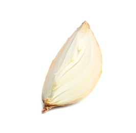 Photo of Slice of fresh ripe onion on white background