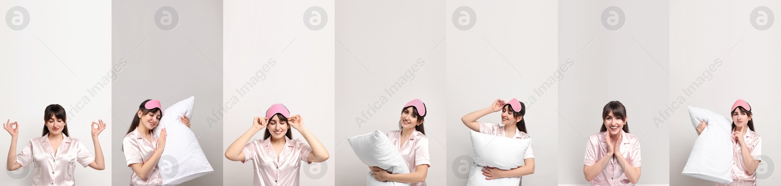 Image of Woman in pajamas on light background, collage of photos