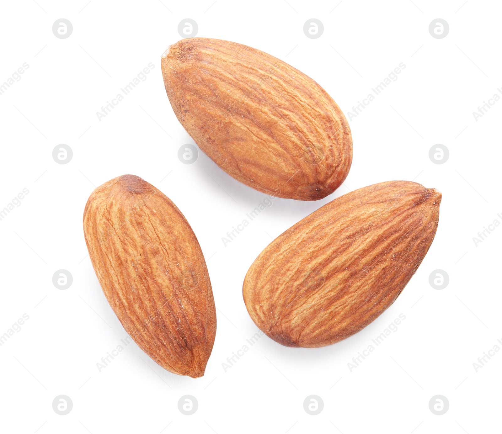 Photo of Organic almond nuts on white background, top view. Healthy snack