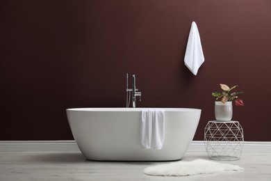 Photo of Modern ceramic bathtub and plant near burgundy wall indoors