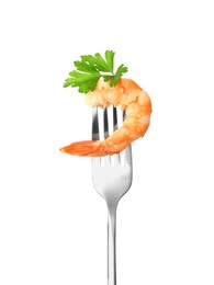 Photo of Fork with shrimp and parsley isolated on white
