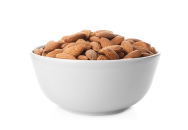 Photo of Bowl with organic almond nuts on white background