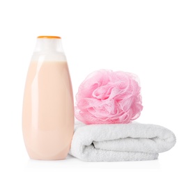 Photo of Bottle of personal hygiene product, shower puff and towel on white background