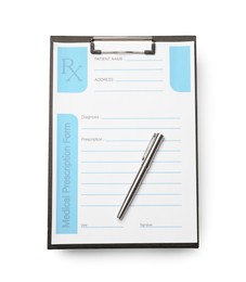 Photo of Clipboard with medical prescription form and pen isolated on white, top view