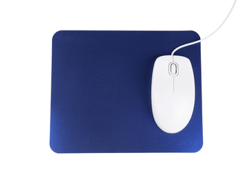 Photo of Modern wired optical mouse and blue pad isolated on white, top view